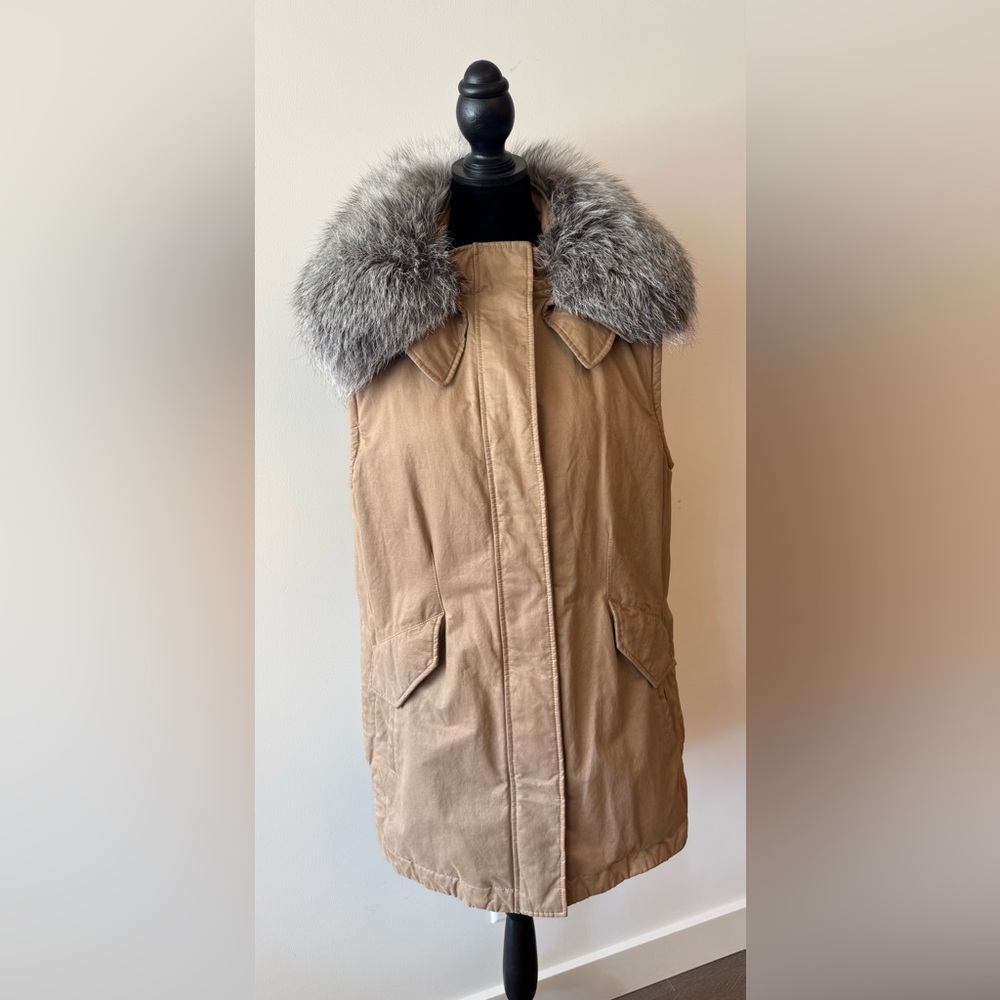 Derek Lam Tan Vest with Gray Fur Collar